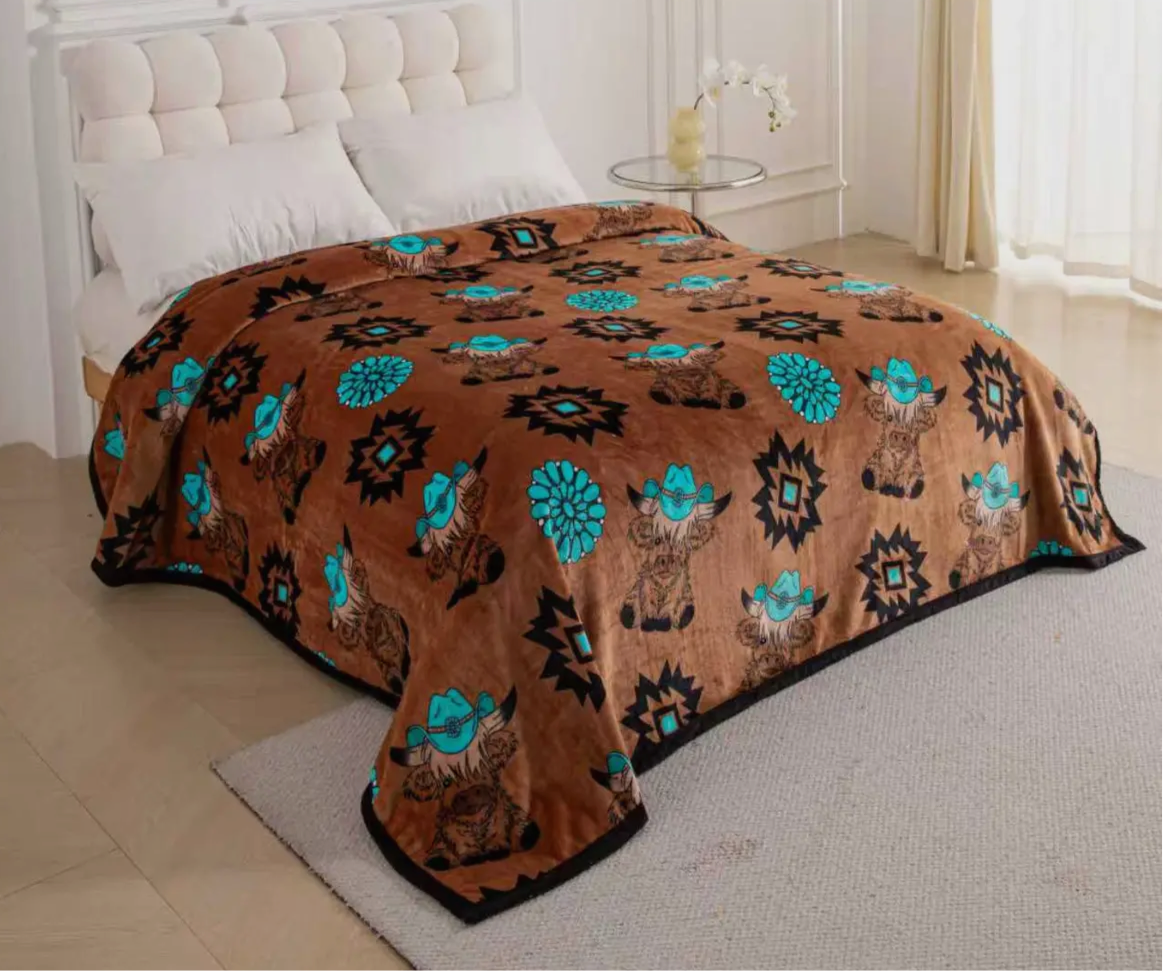 Brown Western Highland Cow With Cowboy Hat King Blanket