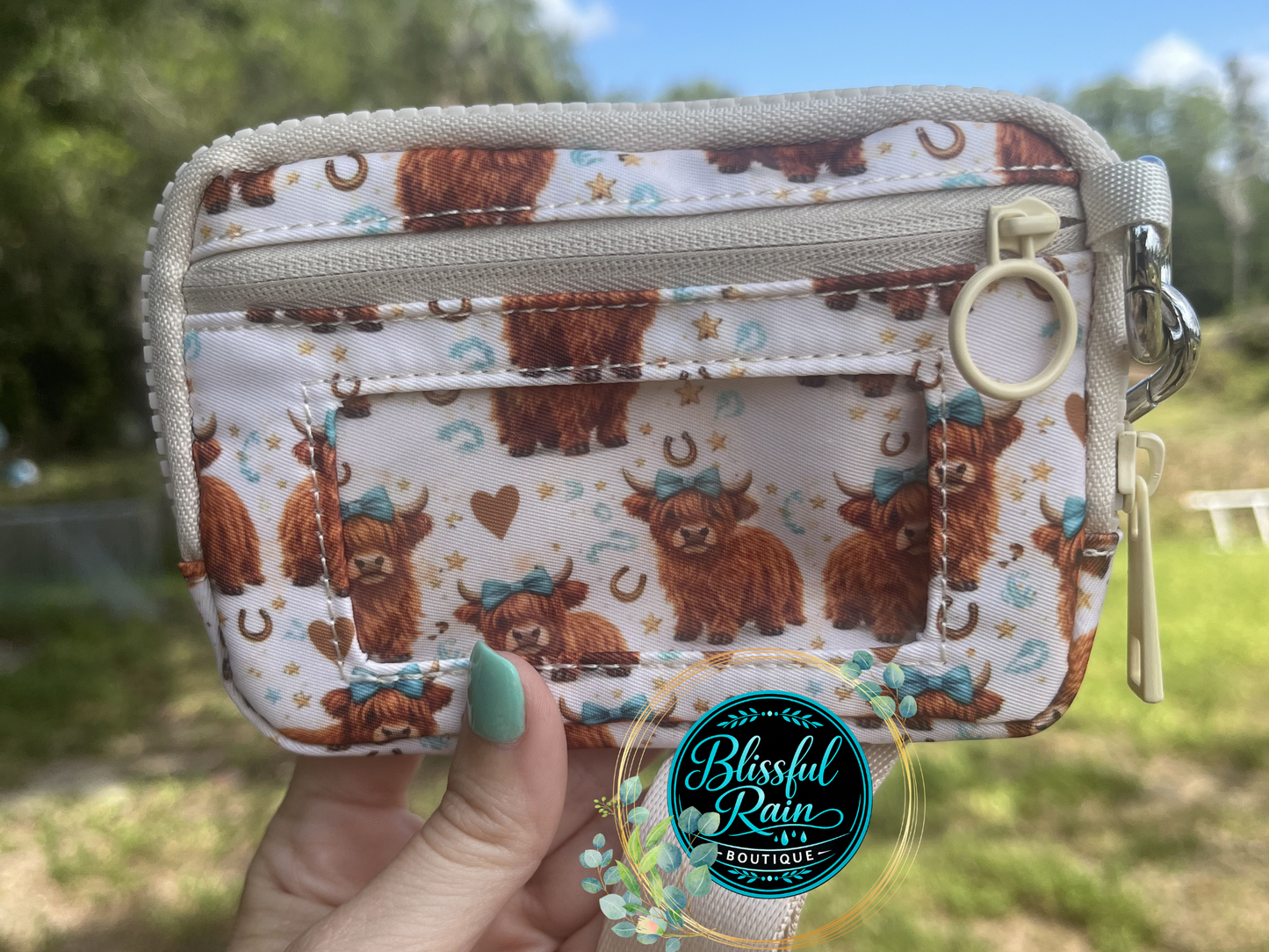 Highland Cow Teal Bow Wristlet/Wallet