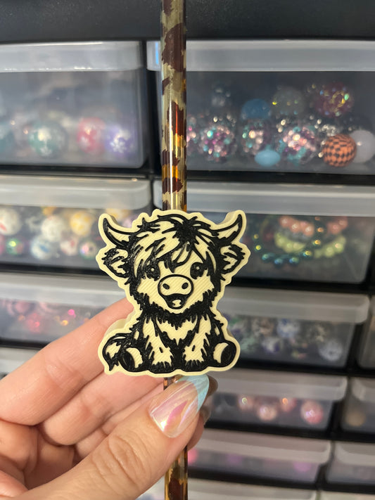 Highland Cow Black Outline 3D Printed Straw Topper (10 mm straw)