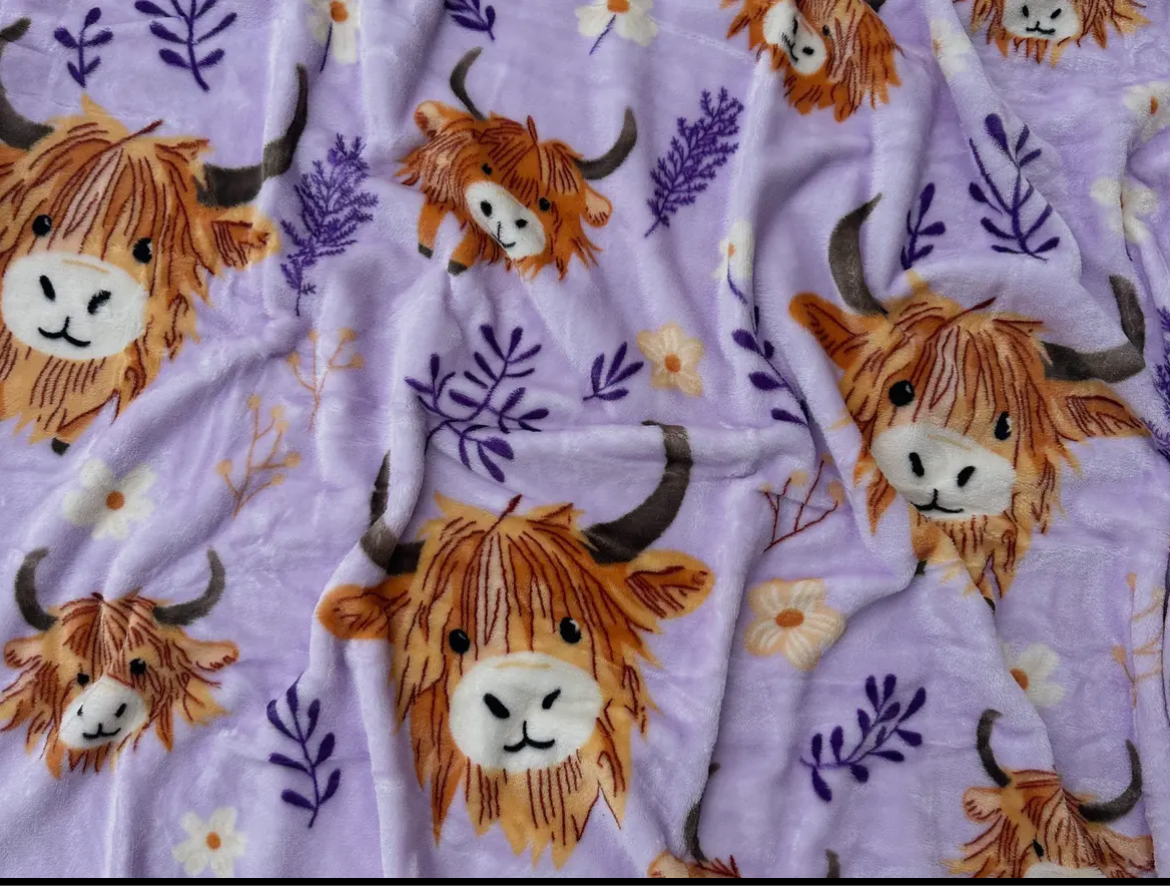 Purple Highland Cow Plush Twin Blanket