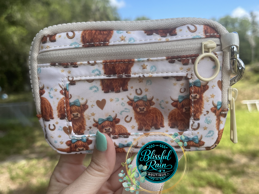 Highland Cow Teal Bow Wristlet/Wallet
