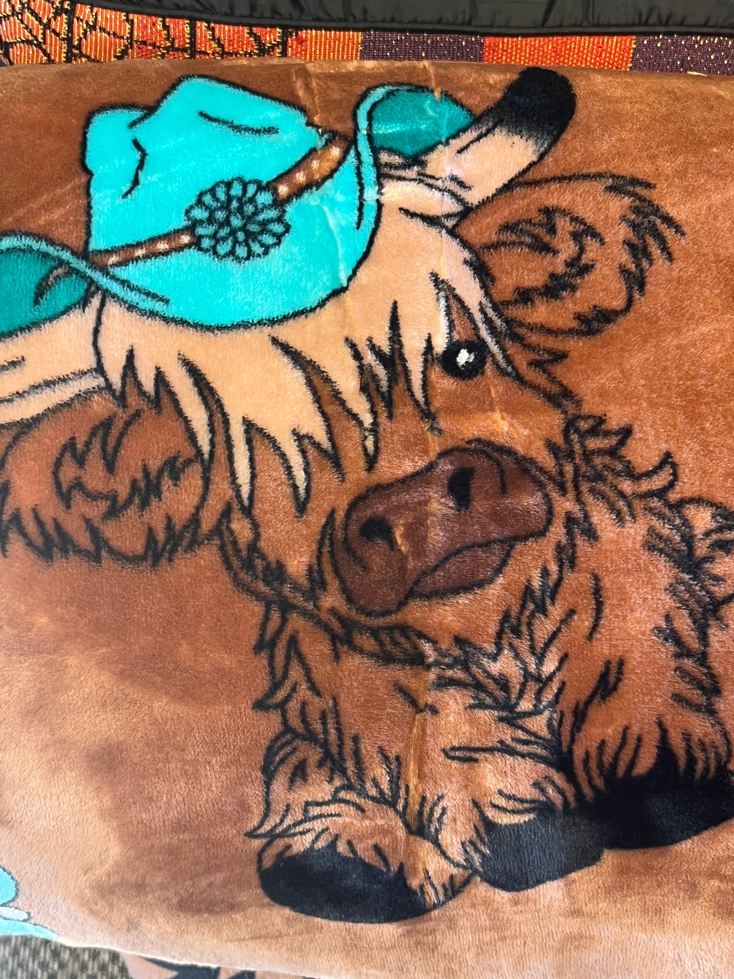 Brown Western Highland Cow With Cowboy Hat King Blanket